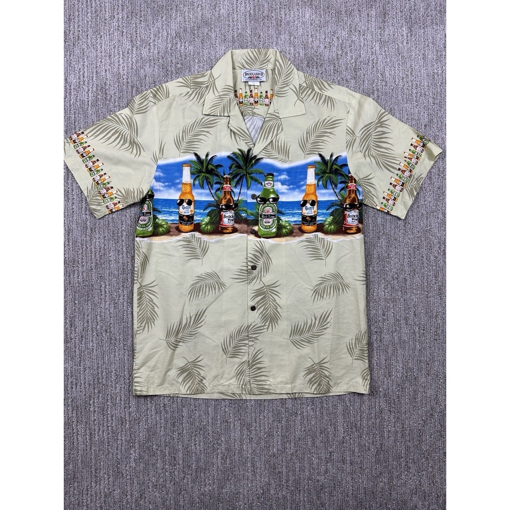 VTG Pacific Legend M Drinks Beer Print Hawaiian Aloha Shirt Tropical Made In USA